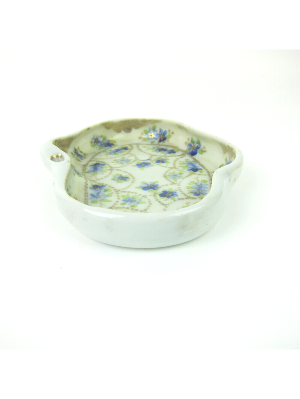 Antique Porcelain Dish Hand Painted Blue Flowers Green Gold Accents Japan Mikado - Picture 5 of 13